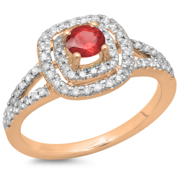 0.80 Carat (ctw) 18K Rose Gold Round Ruby & White Diamond Ladies Split Shank Engagement Halo Bridal Ring 3/4 CT