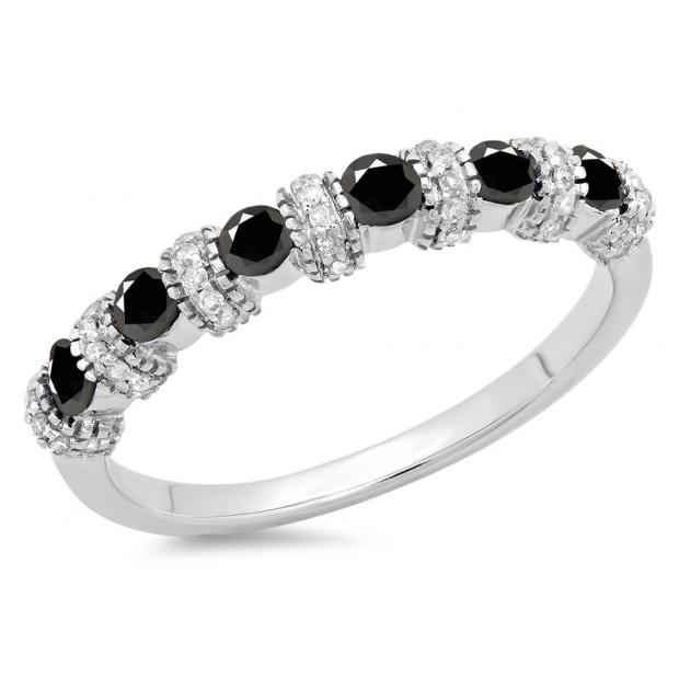 0.55 Carat (ctw) 18K White Gold Round Black & White Diamond Ladies Bridal Stackable Wedding Band Anniversary Ring 1/2 CT