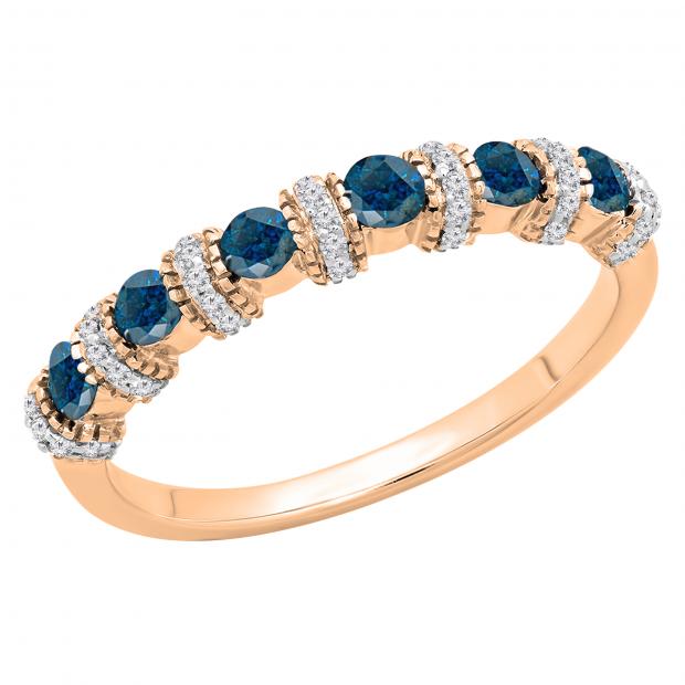 0.55 Carat (ctw) 10K Rose Gold Round Blue & White Diamond Ladies Bridal Stackable Wedding Band Anniversary Ring 1/2 CT