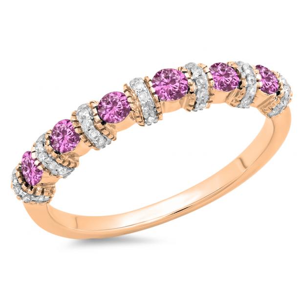 0.55 Carat (ctw) 10K Rose Gold Round Pink Sapphire And White Diamond Ladies Bridal Stackable Wedding Band Anniversary Ring 1/2 CT