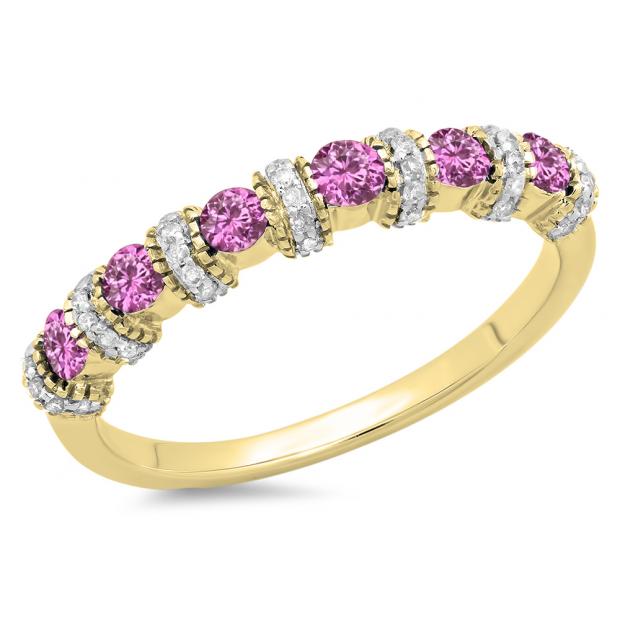 0.55 Carat (ctw) 14K Yellow Gold Round Pink Sapphire And White Diamond Ladies Bridal Stackable Wedding Band Anniversary Ring 1/2 CT