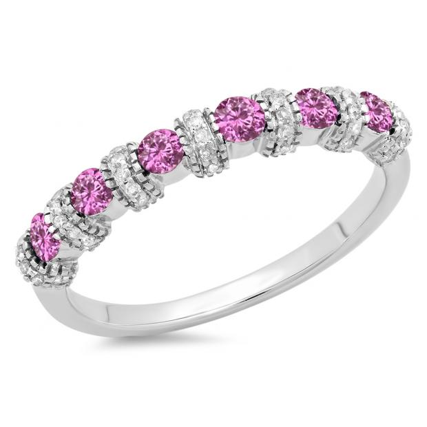 0.55 Carat (ctw) 18K White Gold Round Pink Sapphire And White Diamond Ladies Bridal Stackable Wedding Band Anniversary Ring 1/2 CT