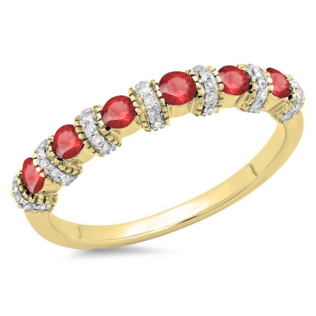 0.55 Carat (ctw) 10K Yellow Gold Round Ruby And White Diamond Ladies Bridal Stackable Wedding Band Anniversary Ring 1/2 CT
