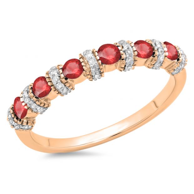 0.55 Carat (ctw) 18K Rose Gold Round Ruby And White Diamond Ladies Bridal Stackable Wedding Band Anniversary Ring 1/2 CT