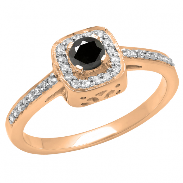 0.33 Carat (ctw) 14K Rose Gold Round Black & White Diamond Ladies Halo Style Bridal Engagement Ring 1/3 CT
