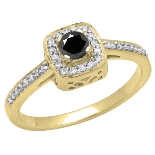0.33 Carat (ctw) 18K Yellow Gold Round Black & White Diamond Ladies Halo Style Bridal Engagement Ring 1/3 CT