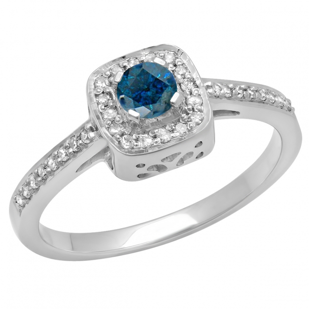 0.33 Carat (ctw) 14K White Gold Round Blue & White Diamond Ladies Halo Style Bridal Engagement Ring 1/3 CT