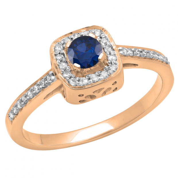 0.33 Carat (ctw) 18K Rose Gold Round Blue Sapphire & White Diamond Ladies Halo Style Bridal Engagement Ring 1/3 CT