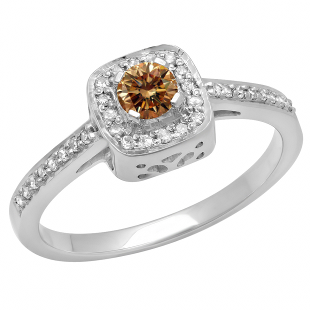 0.33 Carat (ctw) 10K White Gold Round Champagne & White Diamond Ladies Halo Style Bridal Engagement Ring 1/3 CT