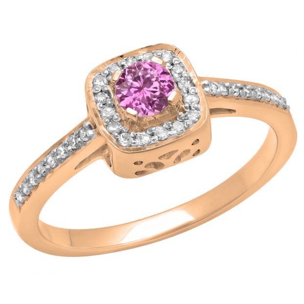 0.33 Carat (ctw) 14K Rose Gold Round Pink Sapphire & White Diamond Ladies Halo Style Bridal Engagement Ring 1/3 CT