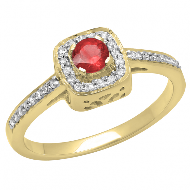 0.33 Carat (ctw) 14K Yellow Gold Round Ruby & White Diamond Ladies Halo Style Bridal Engagement Ring 1/3 CT