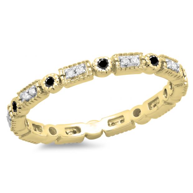 0.25 Carat (ctw) 14K Yellow Gold Round Black And White Diamond Ladies Vintage Style Anniversary Wedding Eternity Band Stackable Ring 1/4 CT