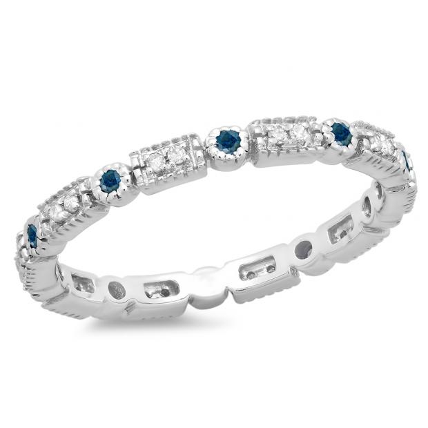 0.25 Carat (ctw) 10K White Gold Round Blue And White Diamond Ladies Vintage Style Anniversary Wedding Eternity Band Stackable Ring 1/4 CT