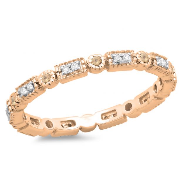 0.25 Carat (ctw) 10K Rose Gold Round Champagne And White Diamond Ladies Vintage Style Anniversary Wedding Eternity Band Stackable Ring 1/4 CT