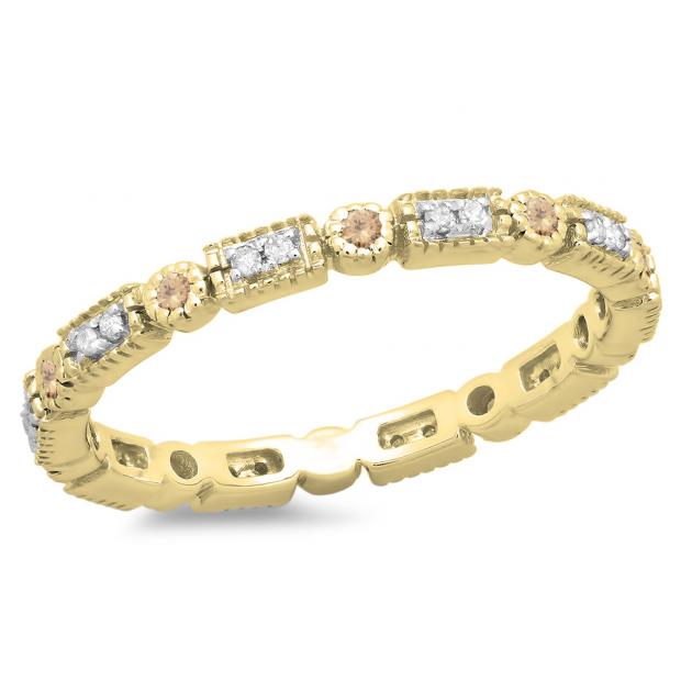 0.25 Carat (ctw) 14K Yellow Gold Round Champagne And White Diamond Ladies Vintage Style Anniversary Wedding Eternity Band Stackable Ring 1/4 CT