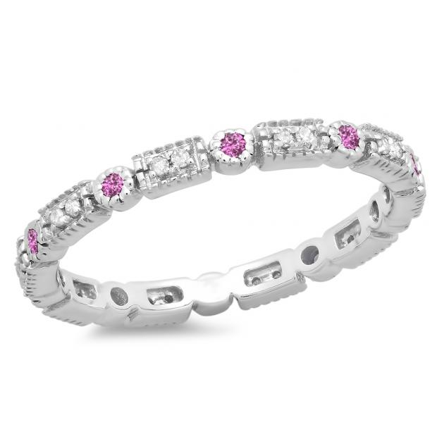 0.25 Carat (ctw) 18K White Gold Round Pink Sapphire And White Diamond Ladies Vintage Style Anniversary Wedding Eternity Band Stackable Ring 1/4 CT