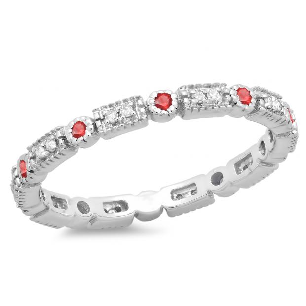 0.25 Carat (ctw) 14K White Gold Round Ruby And White Diamond Ladies Vintage Style Anniversary Wedding Eternity Band Stackable Ring 1/4 CT