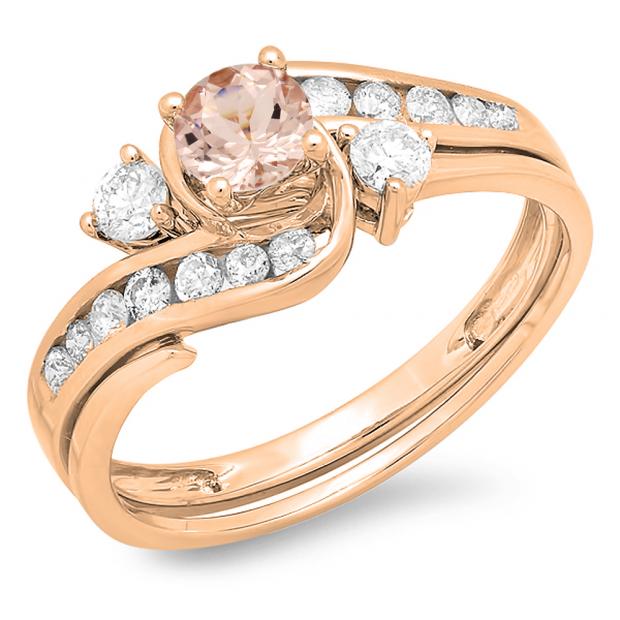 0.90 Carat (ctw) 14K Rose Gold Round Morganite & White Sapphire Ladies Swirl Bridal Engagement Ring Matching Band Set