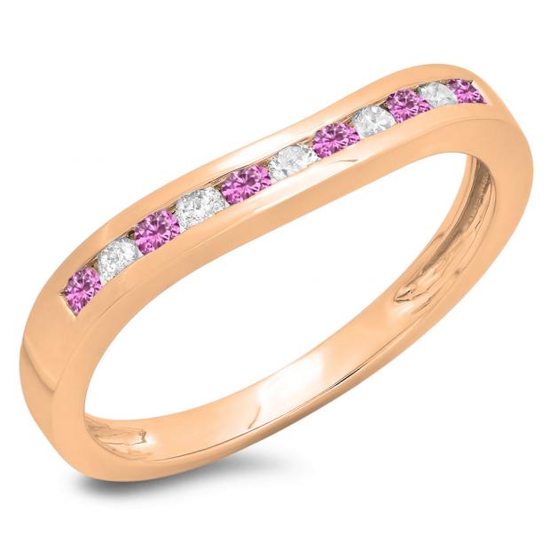 0.25 Carat (ctw) 14K Rose Gold Round Cut Pink Sapphire & White Diamond Ladies Anniversary Wedding Band Stackable Ring 1/4 ct