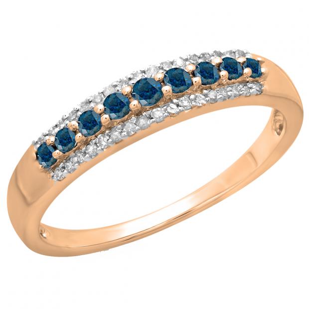 0.40 Carat (ctw) 10K Rose Gold Round Blue & White Diamond Ladies Anniversary Wedding Band Stackable Ring