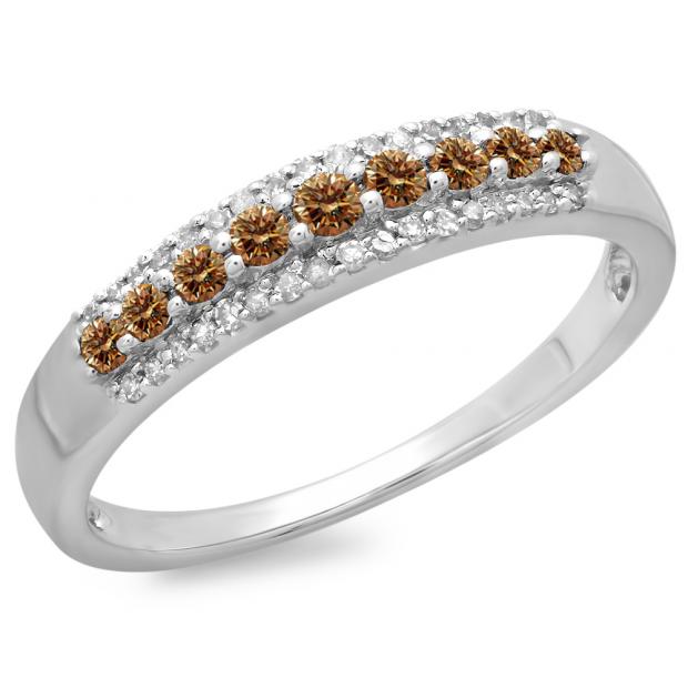 0.40 Carat (ctw) 18K White Gold Round Champagne & White Diamond Ladies Anniversary Wedding Band Stackable Ring