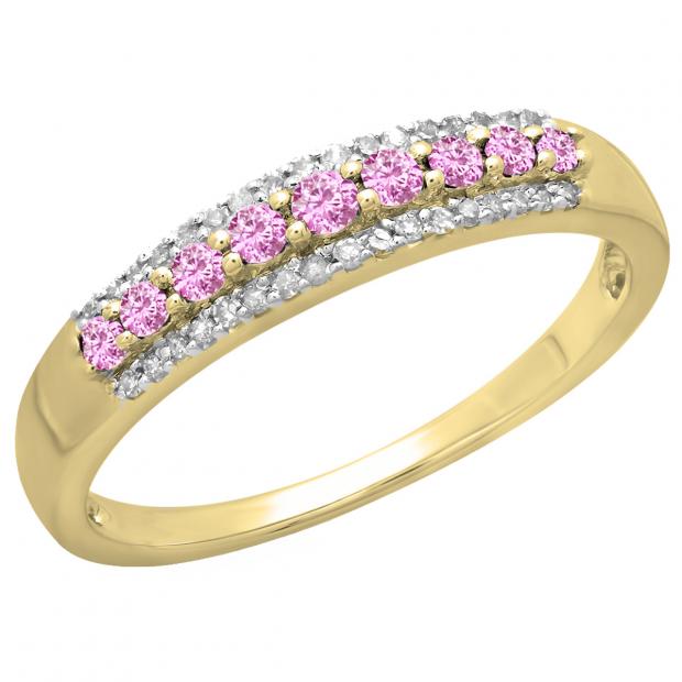 0.40 Carat (ctw) 10K Yellow Gold Round Pink Sapphire & White Diamond Ladies Anniversary Wedding Band Stackable Ring