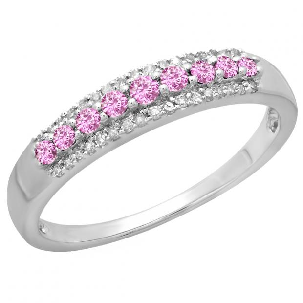 0.40 Carat (ctw) 14K White Gold Round Pink Sapphire & White Diamond Ladies Anniversary Wedding Band Stackable Ring