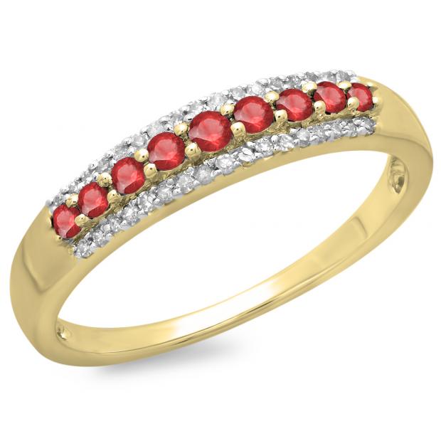 0.40 Carat (ctw) 14K Yellow Gold Round Ruby & White Diamond Ladies Anniversary Wedding Band Stackable Ring