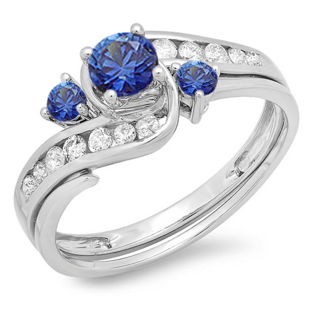 0.93 Carat (ctw) 10K White Gold Round Blue Sapphire & White Diamond Ladies Swirl Bridal Engagement Ring Matching Band Set