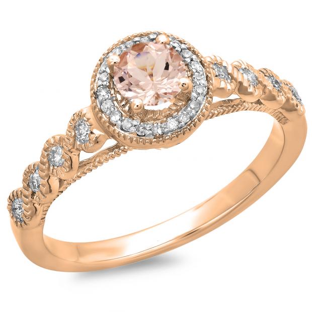 0.55 Carat (ctw) 10K Rose Gold Round Cut Morganite & White Diamond Ladies Bridal Vintage & Antique Millgrain Halo Style Engagement Ring 1/2 CT