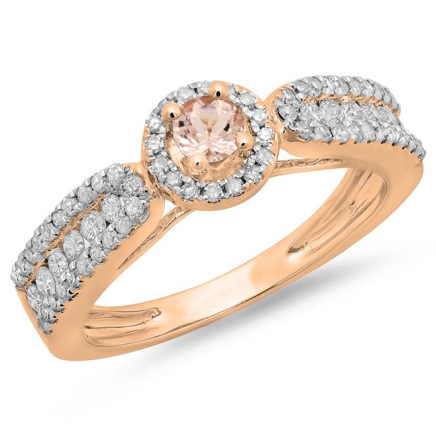 0.80 Carat (ctw) 10K Rose Gold Round Cut Morganite & White Diamond Ladies Bridal Vintage Halo Style Engagement Ring 3/4 CT