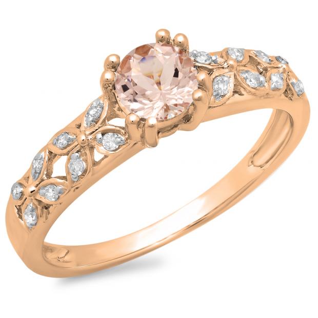 0.60 Carat (ctw) 14K Rose Gold Round Cut Morganite & White Diamond Ladies Bridal Vintage Style Engagement Ring