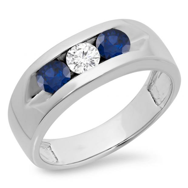 Ring in 10K White Gold with Diamonds 1/10 ctw Lab Created Blue Sapphire 1/2 Carat ctw