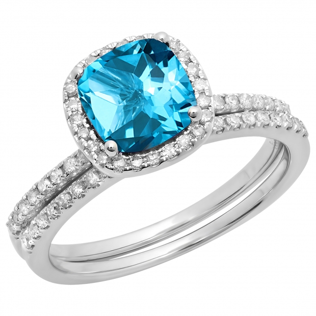 1 75 Carat Ctw 10k White Gold Cushion Cut Blue Topaz Round Cut