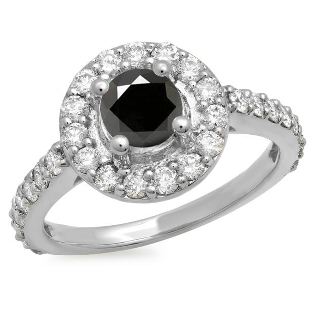 1.00 Carat (ctw) 14K White Gold Round Black & White Diamond Ladies Halo Style Bridal Engagement Ring 1 CT