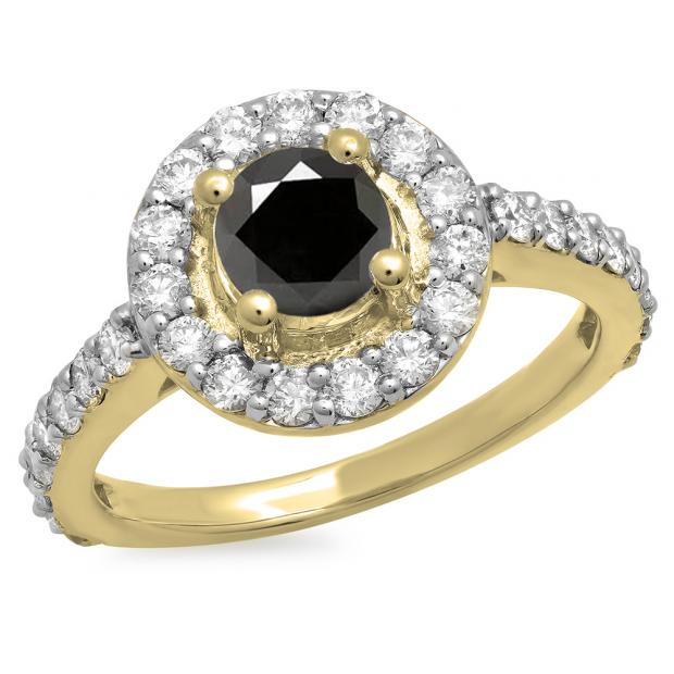 1.00 Carat (ctw) 14K Yellow Gold Round Black & White Diamond Ladies Halo Style Bridal Engagement Ring 1 CT
