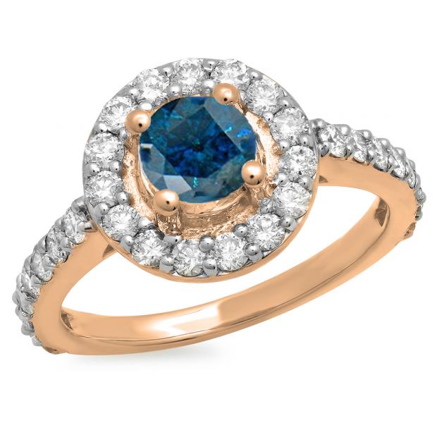 1.00 Carat (ctw) 14K Rose Gold Round Blue & White Diamond Ladies Halo Style Bridal Engagement Ring 1 CT