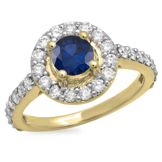1.00 Carat (ctw) 18K Yellow Gold Round Blue Sapphire & White Diamond Ladies Halo Style Bridal Engagement Ring 1 CT