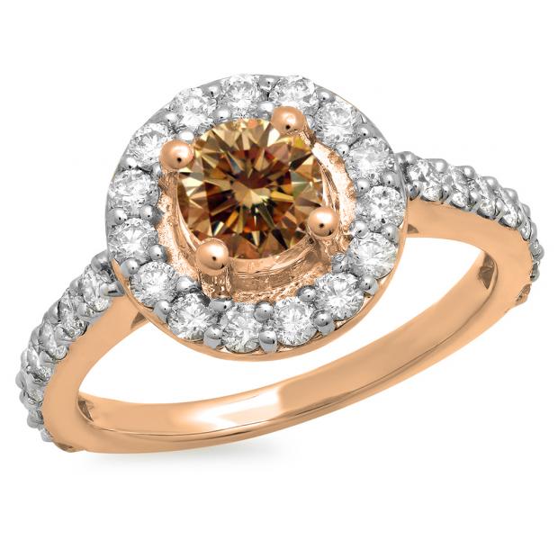 1.00 Carat (ctw) 14K Rose Gold Round Champagne & White Diamond Ladies Halo Style Bridal Engagement Ring 1 CT