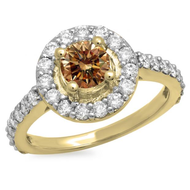 1.00 Carat (ctw) 14K Yellow Gold Round Champagne & White Diamond Ladies Halo Style Bridal Engagement Ring 1 CT