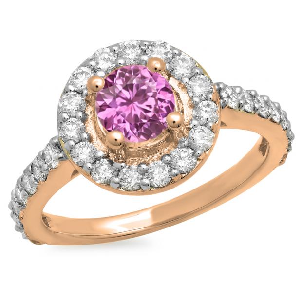 1.00 Carat (ctw) 14K Rose Gold Round Pink Sapphire & White Diamond Ladies Halo Style Bridal Engagement Ring 1 CT