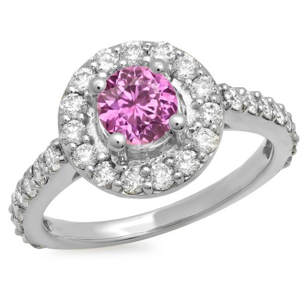 1.00 Carat (ctw) 14K White Gold Round Pink Sapphire & White Diamond Ladies Halo Style Bridal Engagement Ring 1 CT