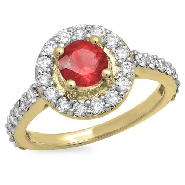 1.00 Carat (ctw) 18K Yellow Gold Round Ruby & White Diamond Ladies Halo Style Bridal Engagement Ring 1 CT