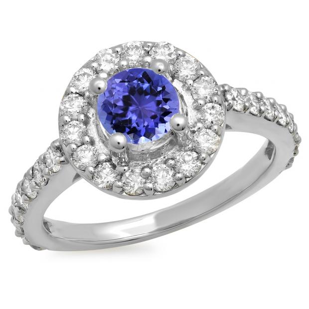 1.00 Carat (ctw) 14K White Gold Round Tanzanite & White Diamond Ladies Halo Style Bridal Engagement Ring 1 CT