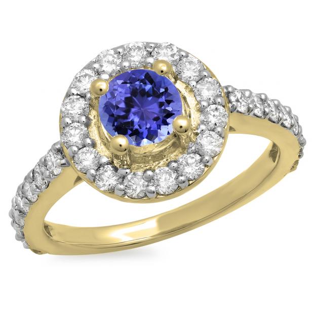 1.00 Carat (ctw) 14K Yellow Gold Round Tanzanite & White Diamond Ladies Halo Style Bridal Engagement Ring 1 CT