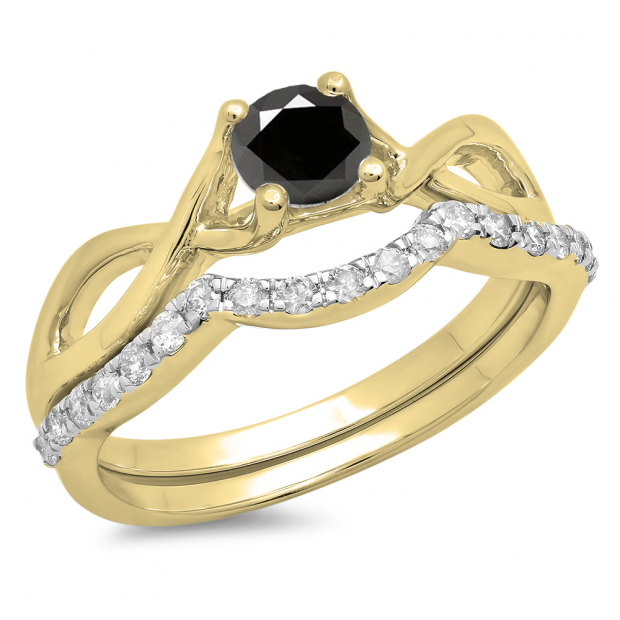 0.80 Carat (ctw) 14K Yellow Gold Round Black & White Diamond Ladies Bridal Split Shank Swirl Engagement Ring Matching Band Set 3/4 CT