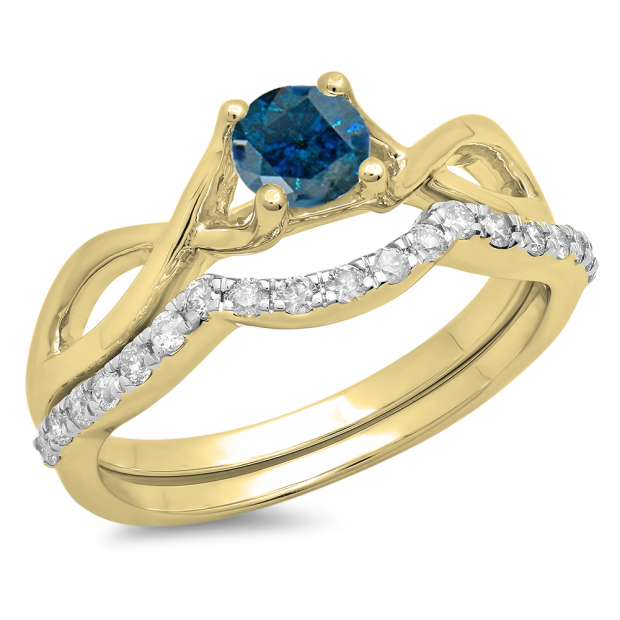 0.80 Carat (ctw) 18K Yellow Gold Round Blue & White Diamond Ladies Bridal Split Shank Swirl Engagement Ring Matching Band Set 3/4 CT