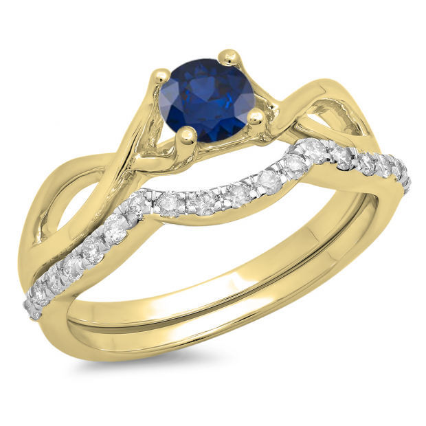 0.80 Carat (ctw) 10K Yellow Gold Round Blue Sapphire & White Diamond Ladies Bridal Split Shank Swirl Engagement Ring Matching Band Set 3/4 CT