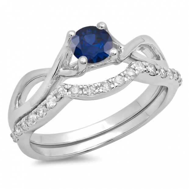 0.80 Carat (ctw) 18K White Gold Round Blue Sapphire & White Diamond Ladies Bridal Split Shank Swirl Engagement Ring Matching Band Set 3/4 CT