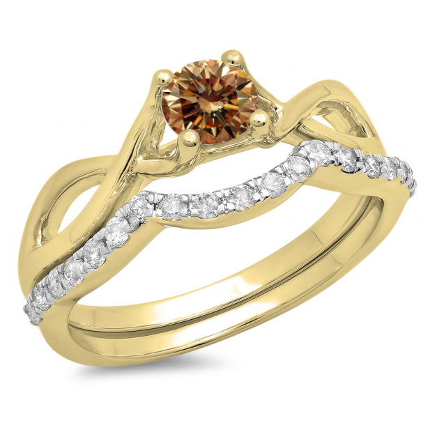 0.80 Carat (ctw) 14K Yellow Gold Round Champagne & White Diamond Ladies Bridal Split Shank Swirl Engagement Ring Matching Band Set 3/4 CT